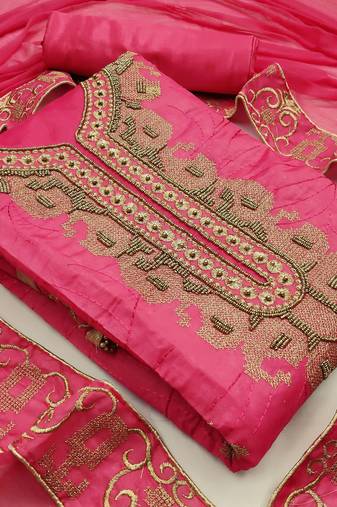 pink chanderi hand embroidery dress material