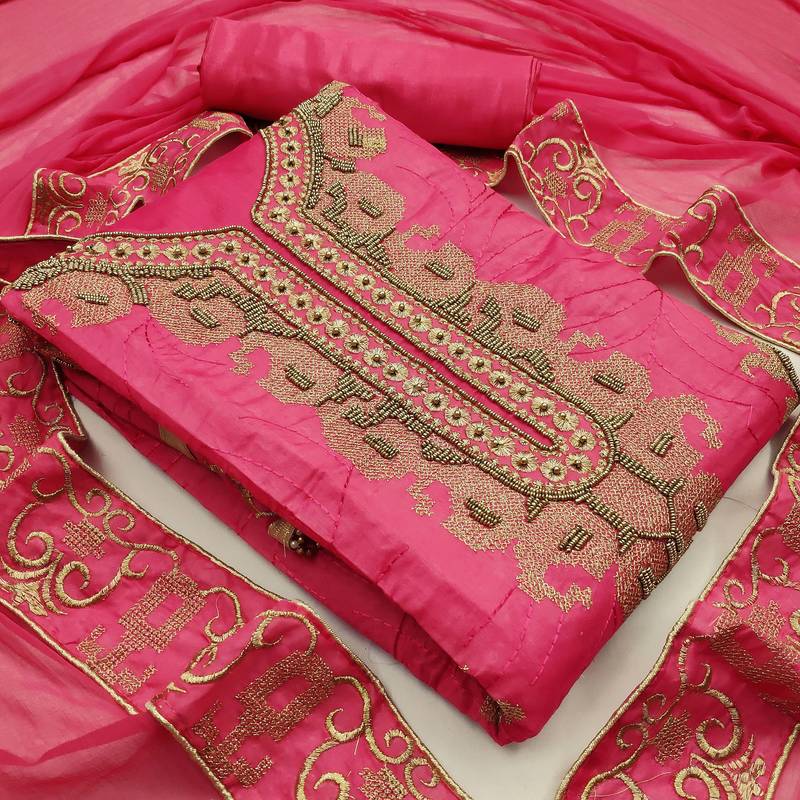 pink chanderi hand embroidery dress material