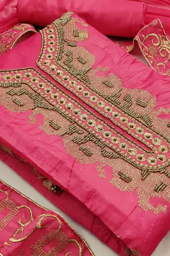 pink chanderi hand embroidery dress material