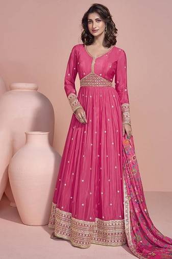 Pink  chinon silk anarkali long gown with printed dupatta