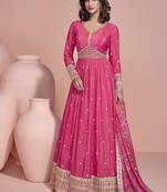 Pink  chinon silk anarkali long gown with printed dupatta