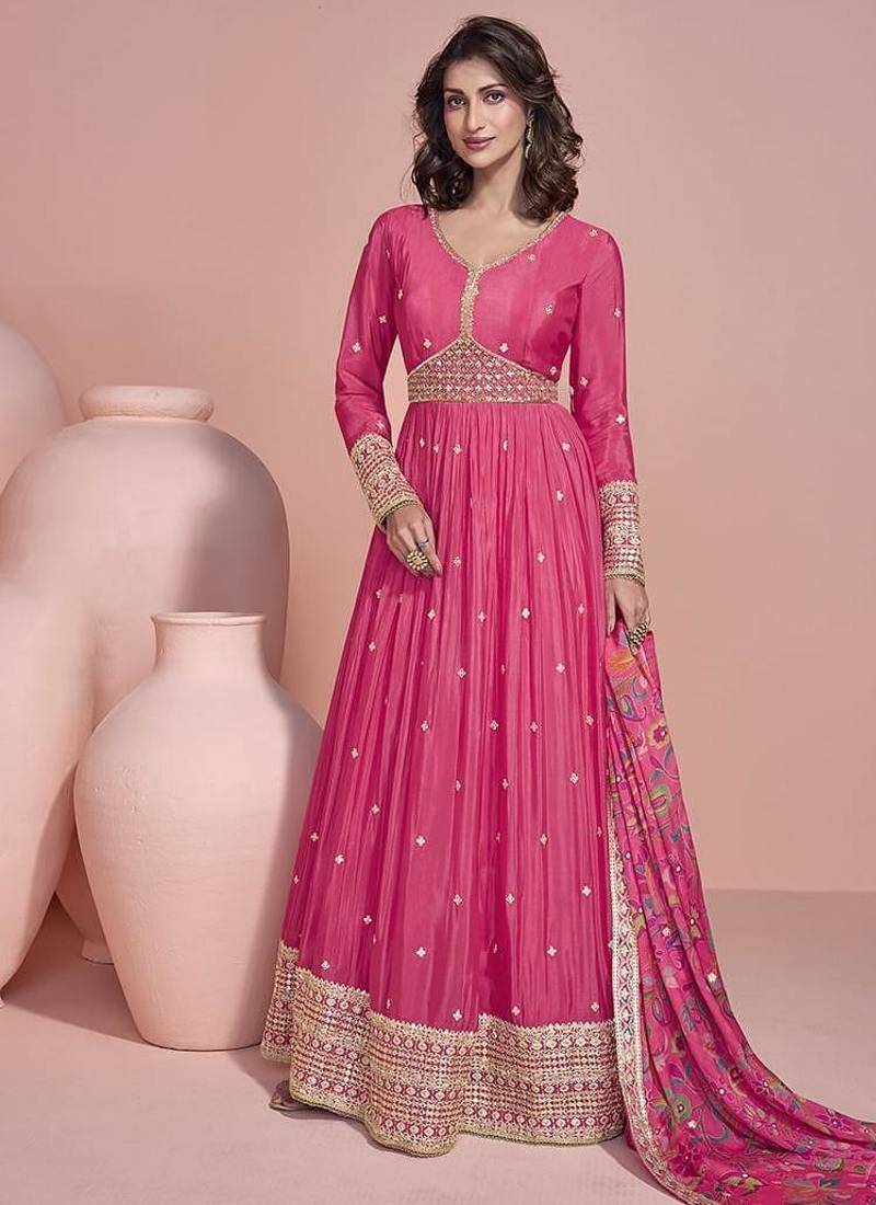 Pink  chinon silk anarkali long gown with printed dupatta