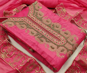 pink chanderi hand embroidery dress material 3