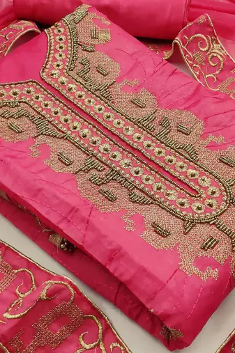 pink chanderi hand embroidery dress material