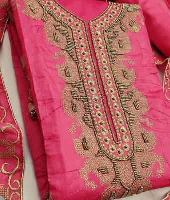 pink chanderi hand embroidery dress material 4