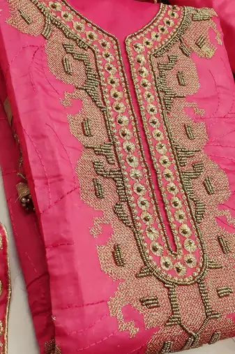 pink chanderi hand embroidery dress material