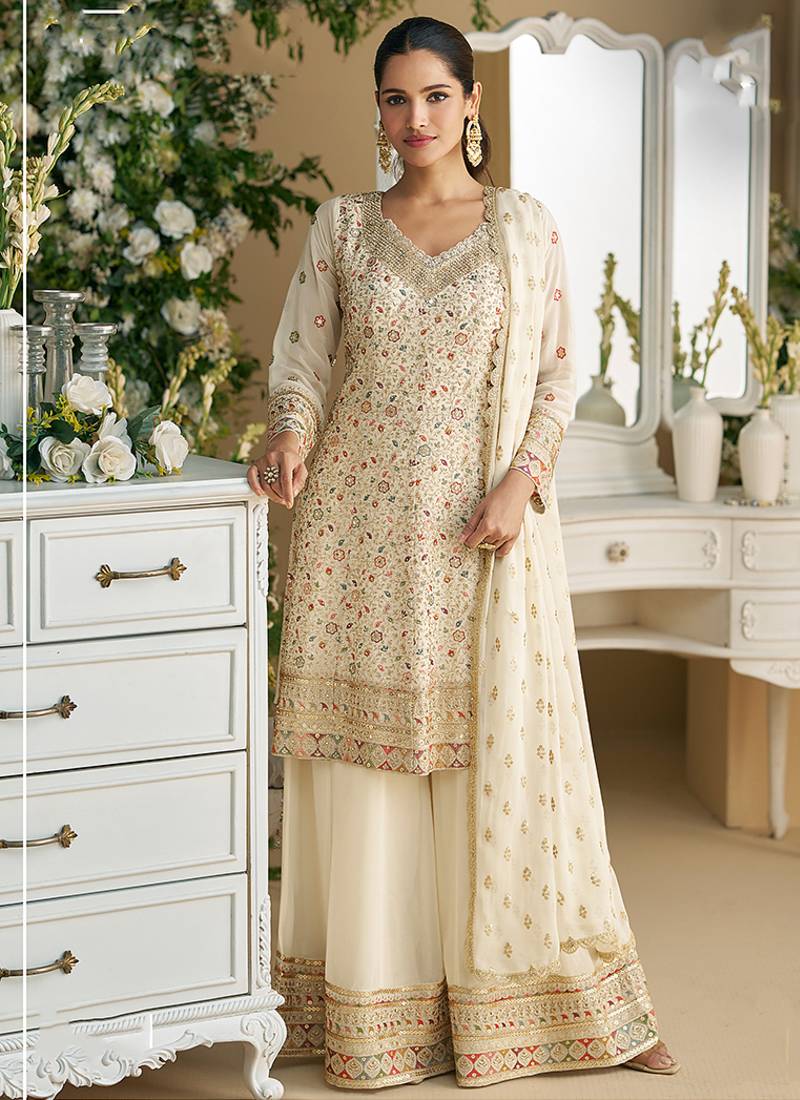 off white Thread georgette palazzo salwar suit