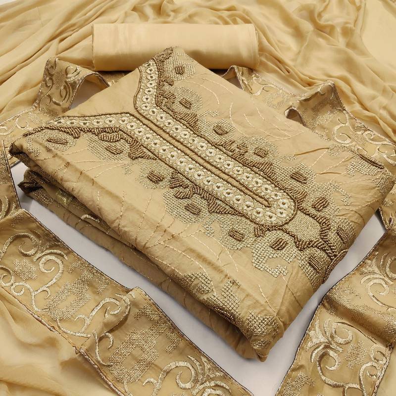 beige chanderi hand embroidery dress material
