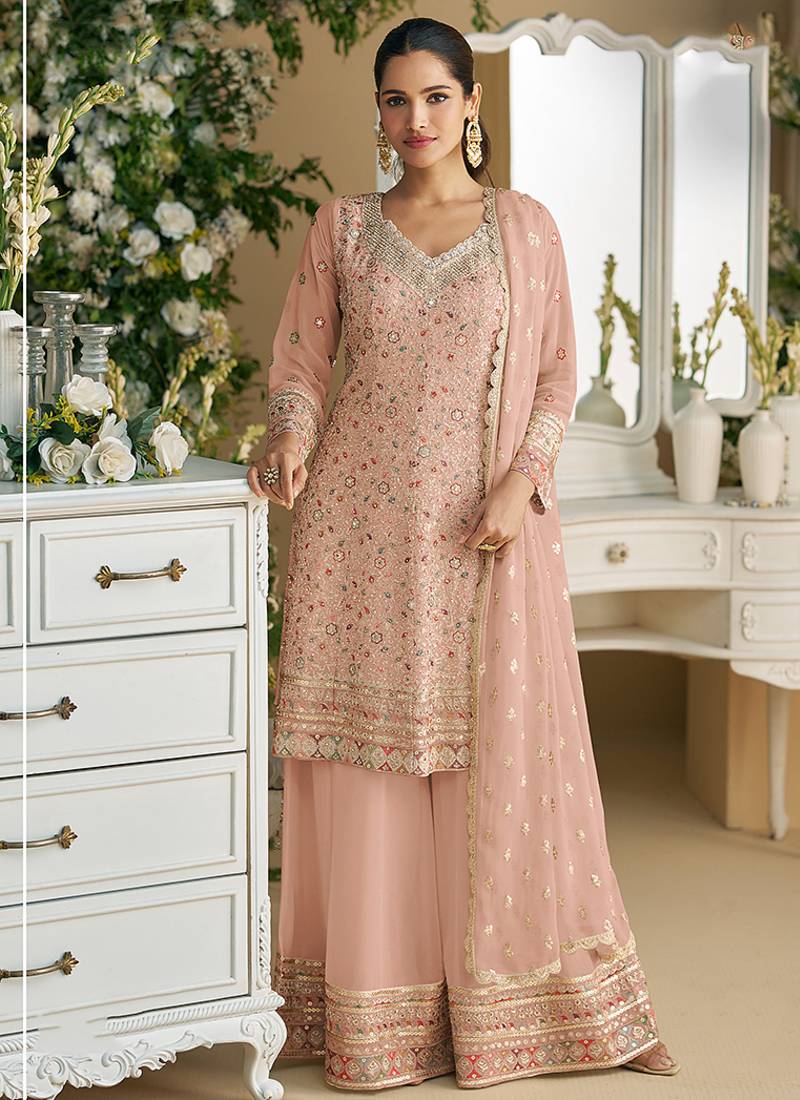 peach Thread georgette palazzo salwar suit