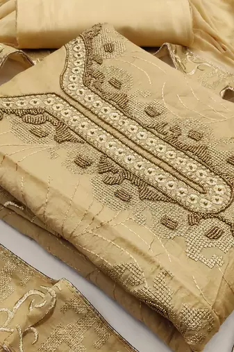 beige chanderi hand embroidery dress material