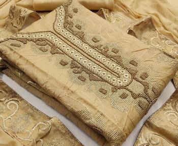 beige chanderi hand embroidery dress material 3