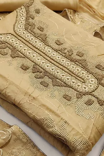 beige chanderi hand embroidery dress material