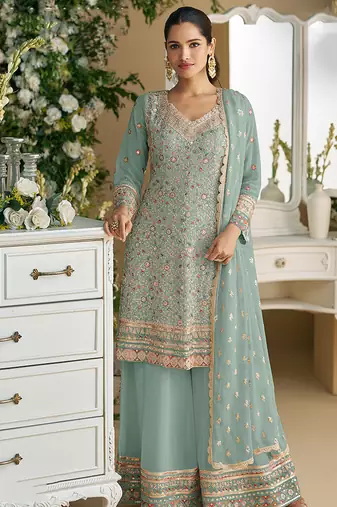 sky blue Thread georgette palazzo salwar suit