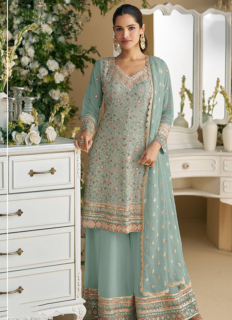 sky blue Thread georgette palazzo salwar suit