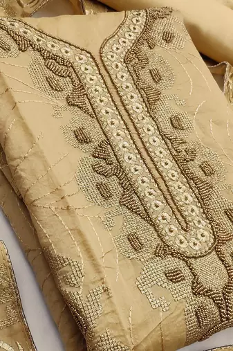beige chanderi hand embroidery dress material