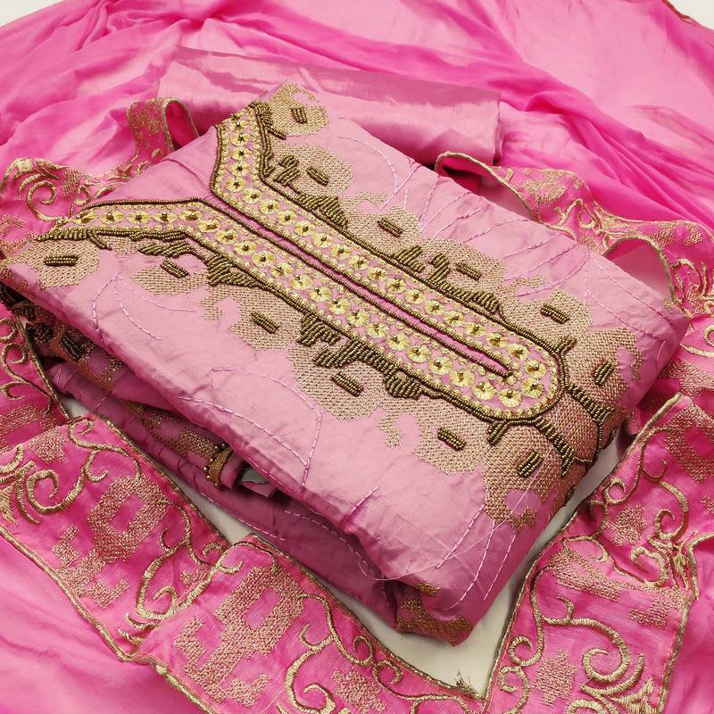light pink chanderi hand embroidery dress material