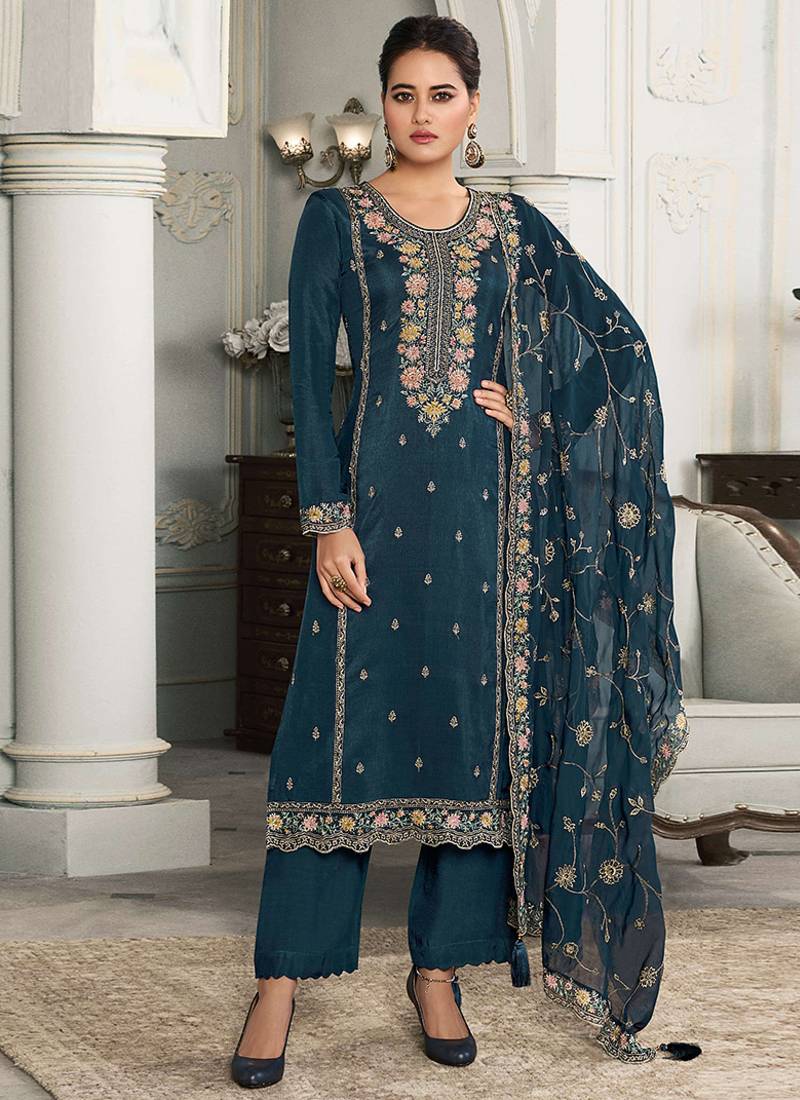 dark teal moonga silk embroideredpant style suit