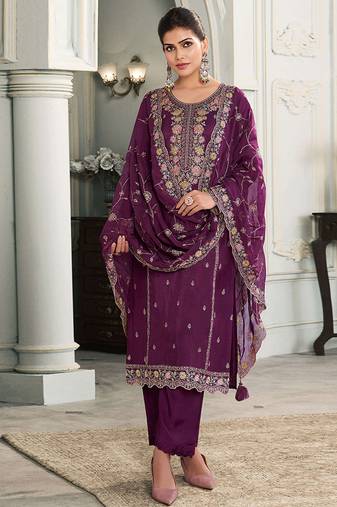 purple moonga silk embroideredpant style suit