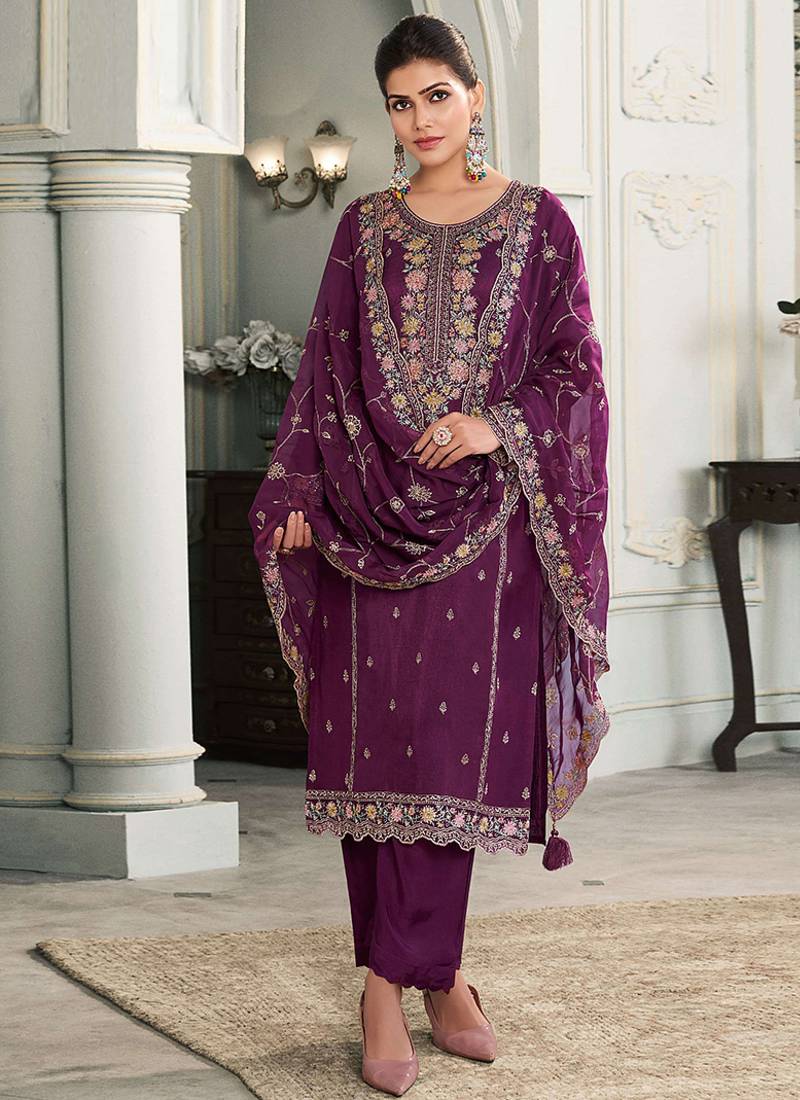 purple moonga silk embroideredpant style suit