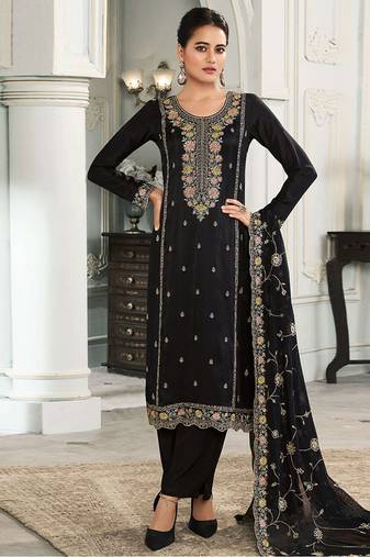black moonga silk embroideredpant style suit