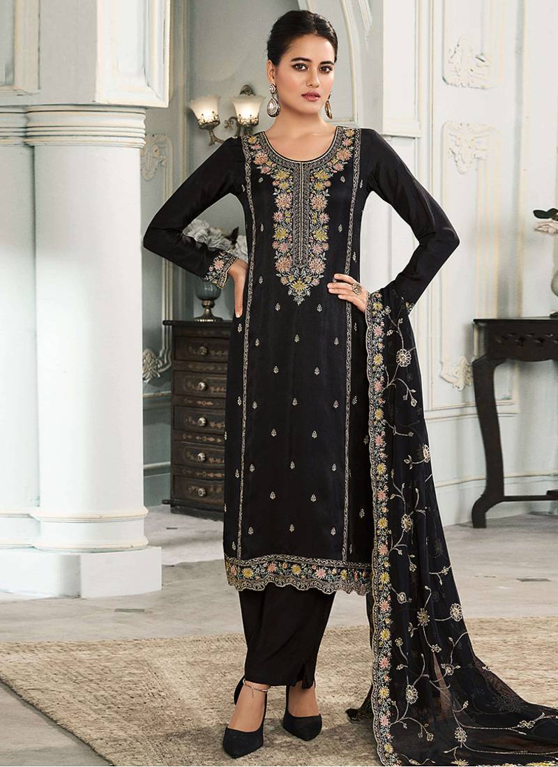 black moonga silk embroideredpant style suit