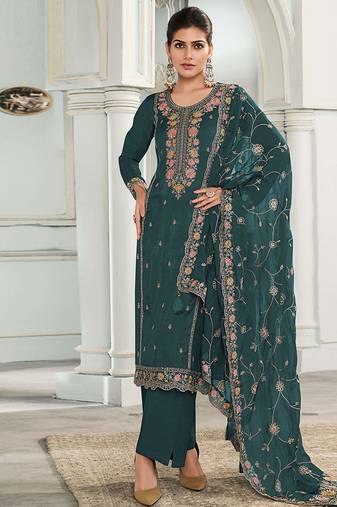 sea green moonga silk embroideredpant style suit