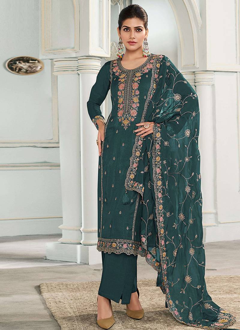 sea green moonga silk embroideredpant style suit