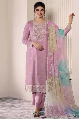 lavender moonga silk embroideredpant style suit