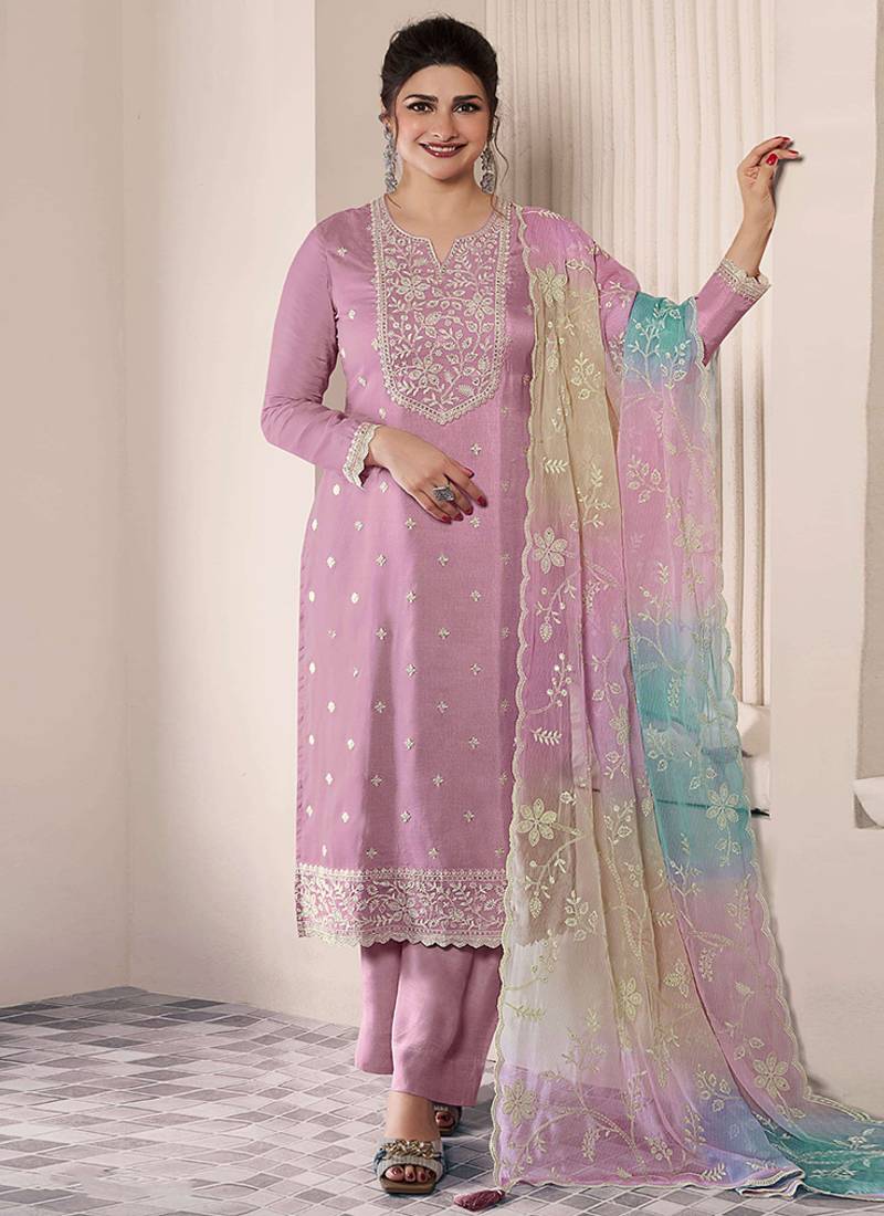 lavender moonga silk embroideredpant style suit