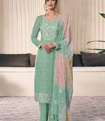 sea green moonga silk embroideredpant style suit