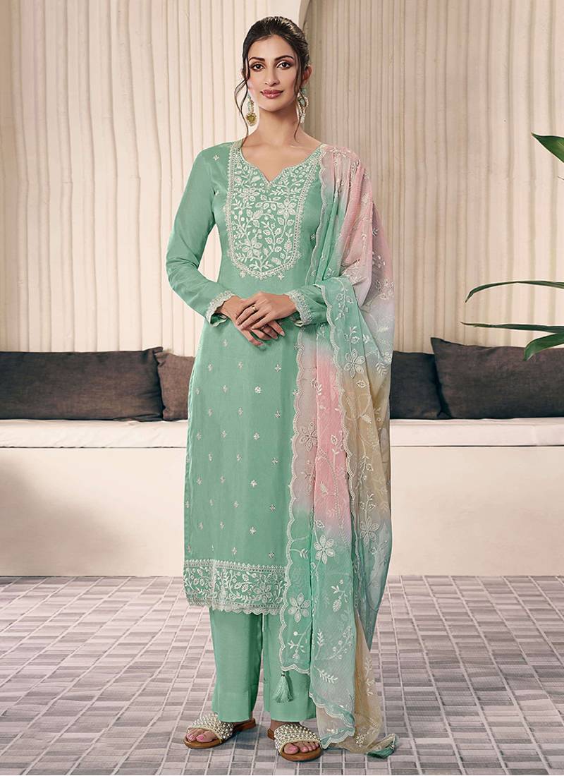sea green moonga silk embroideredpant style suit