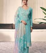 turquoise moonga silk embroideredpant style suit