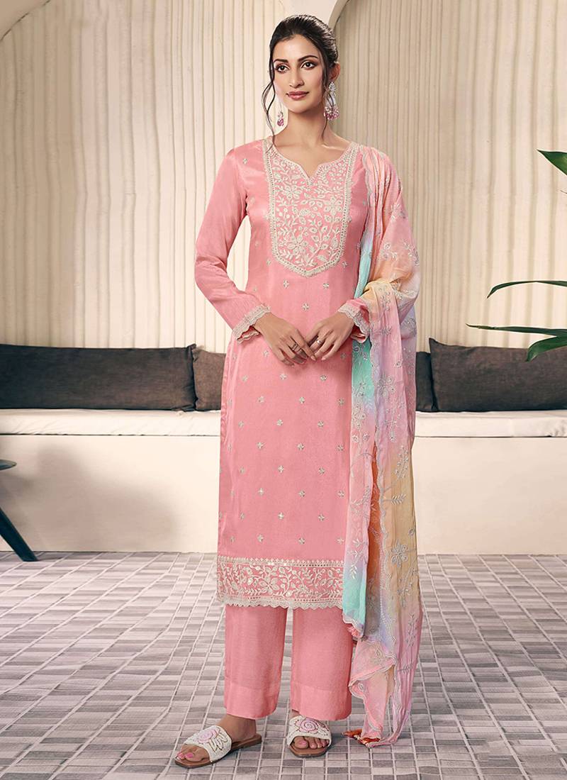 light pink moonga silk embroideredpant style suit