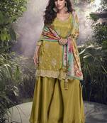 mustard chinon silk palazzo suit