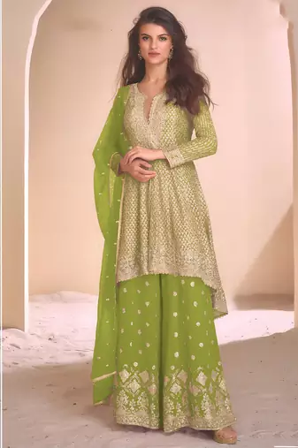 Parrot green  georgette embroidered palazzo suit