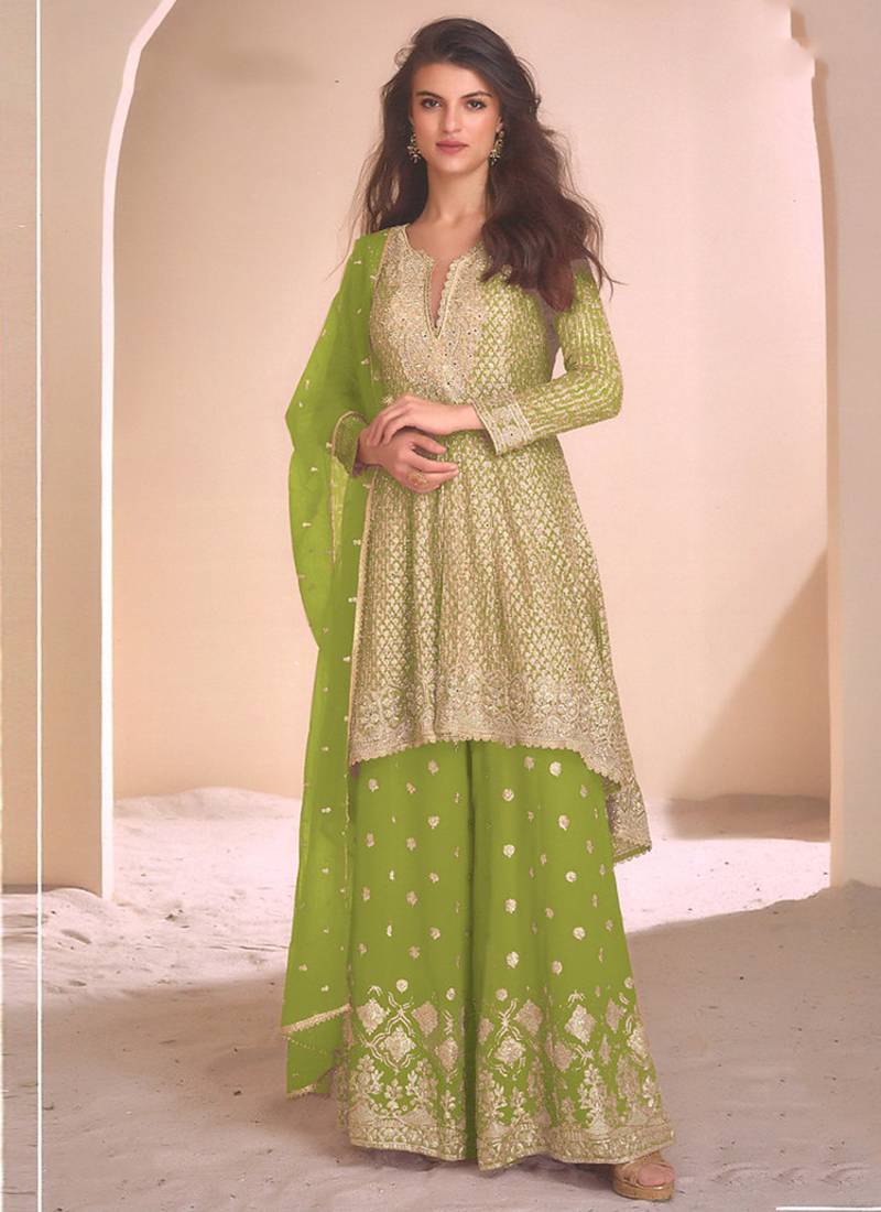 Parrot green  georgette embroidered palazzo suit