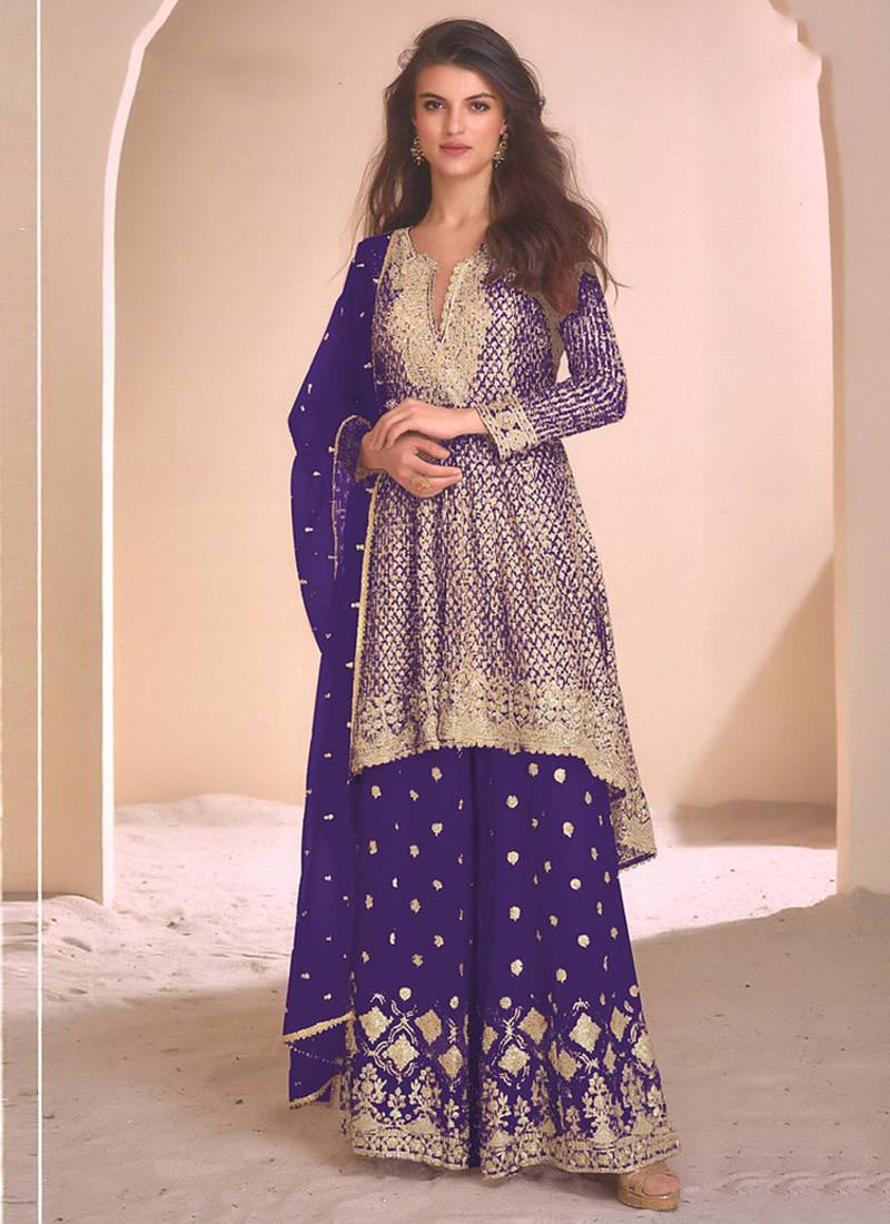 Violet  georgette embroidered palazzo suit