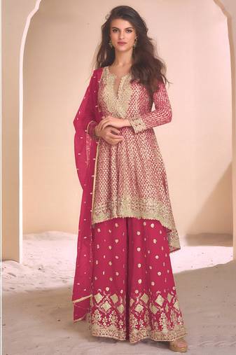 Rani pink  georgette embroidered palazzo suit