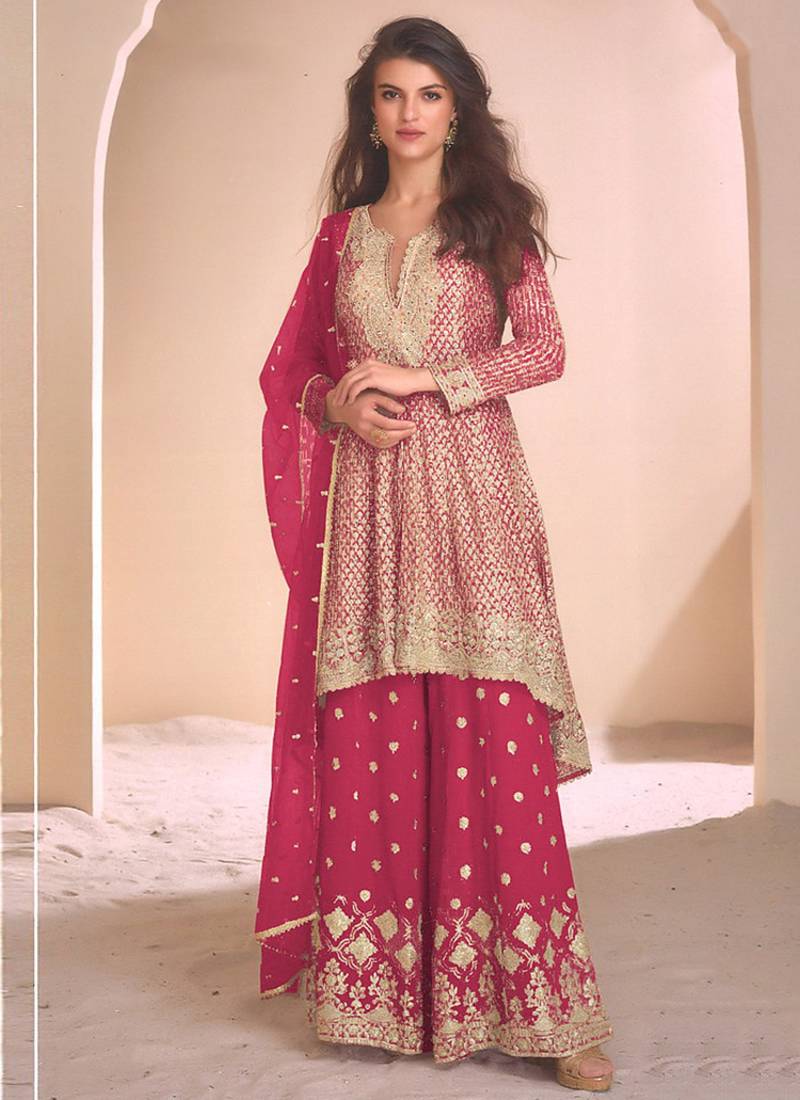 Rani pink  georgette embroidered palazzo suit