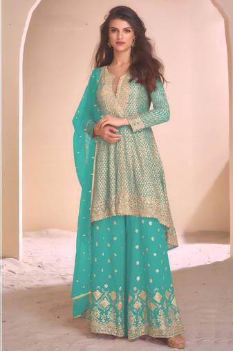 Mustard  georgette embroidered palazzo suit