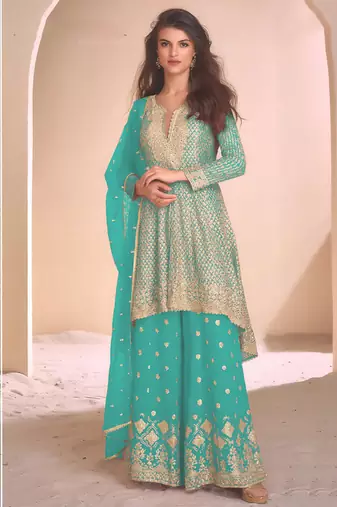 Mustard  georgette embroidered palazzo suit