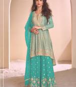 Mustard  georgette embroidered palazzo suit