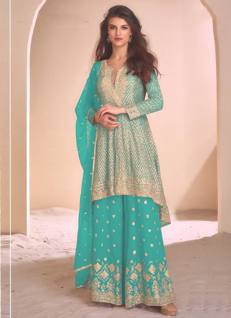 Mustard  georgette embroidered palazzo suit