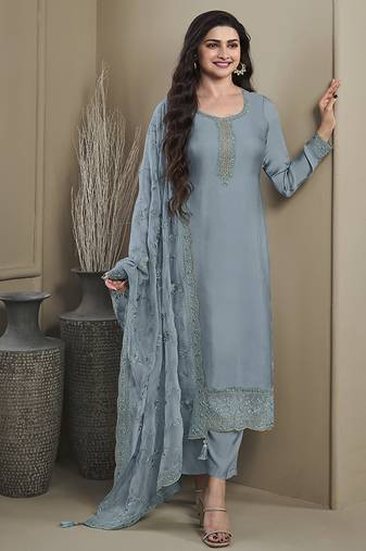 Sky blue silk embroidered salwar suit.