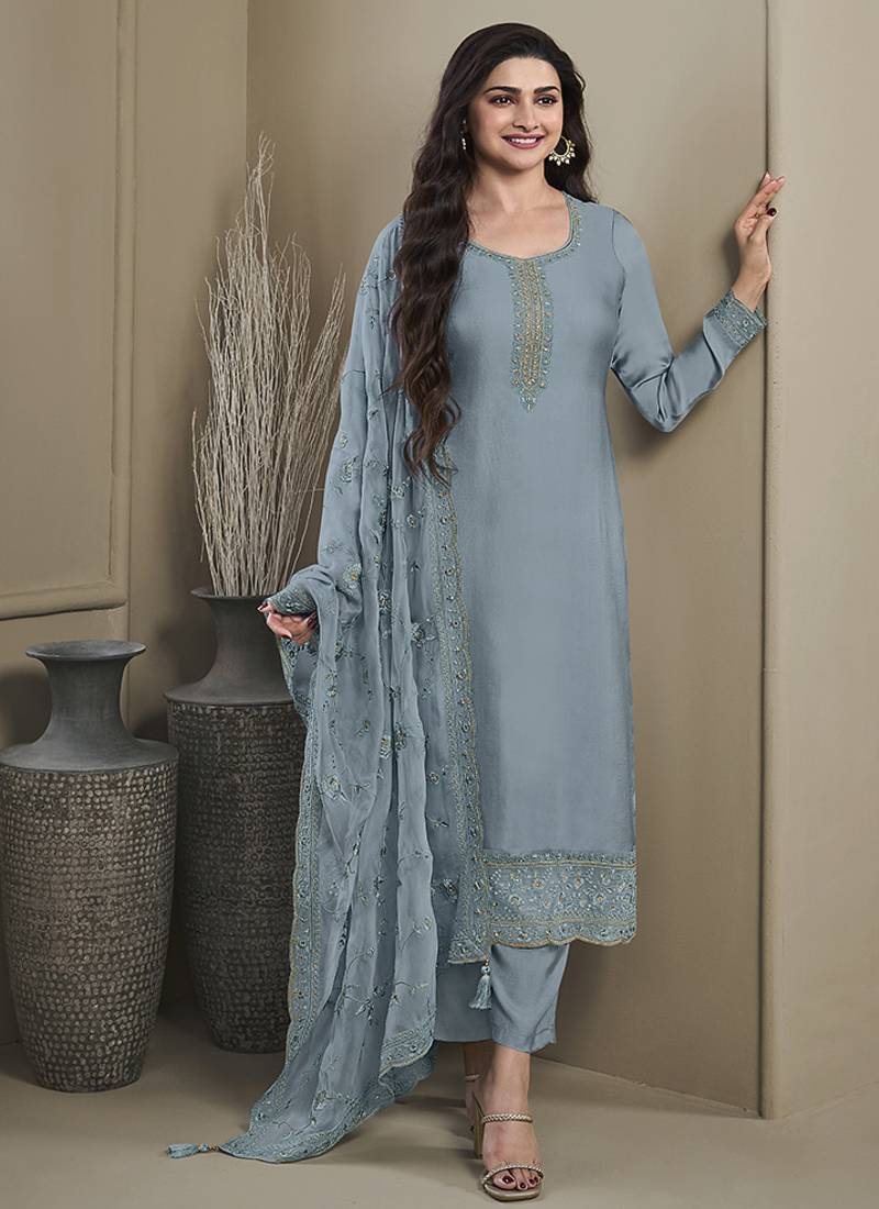 Sky blue silk embroidered salwar suit.