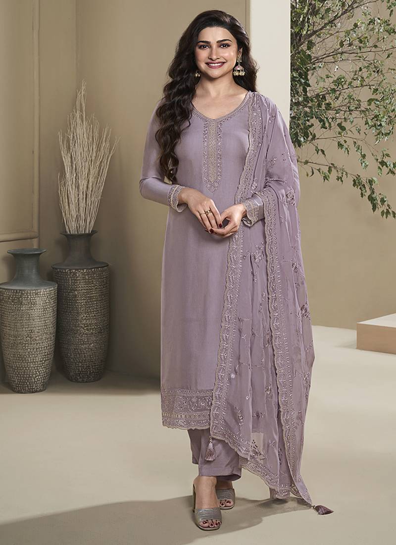 Lavender silk embroidered salwar suit.