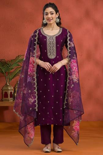 wine Vichitra silk embroidered work straight suit