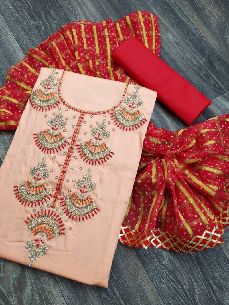 baby pink cotton hand embroidery dress material
