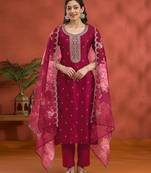 rani pink Vichitra silk embroidered work straight suit