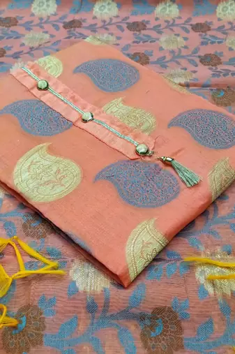 peach jacquard woven dress material